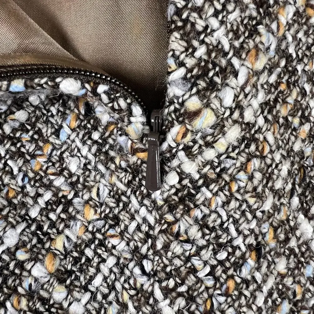 Kenneth Cole Tweed Pencil Skirt 2 Brown Taupe Boucle Fringe Hem Wool Blend Lined